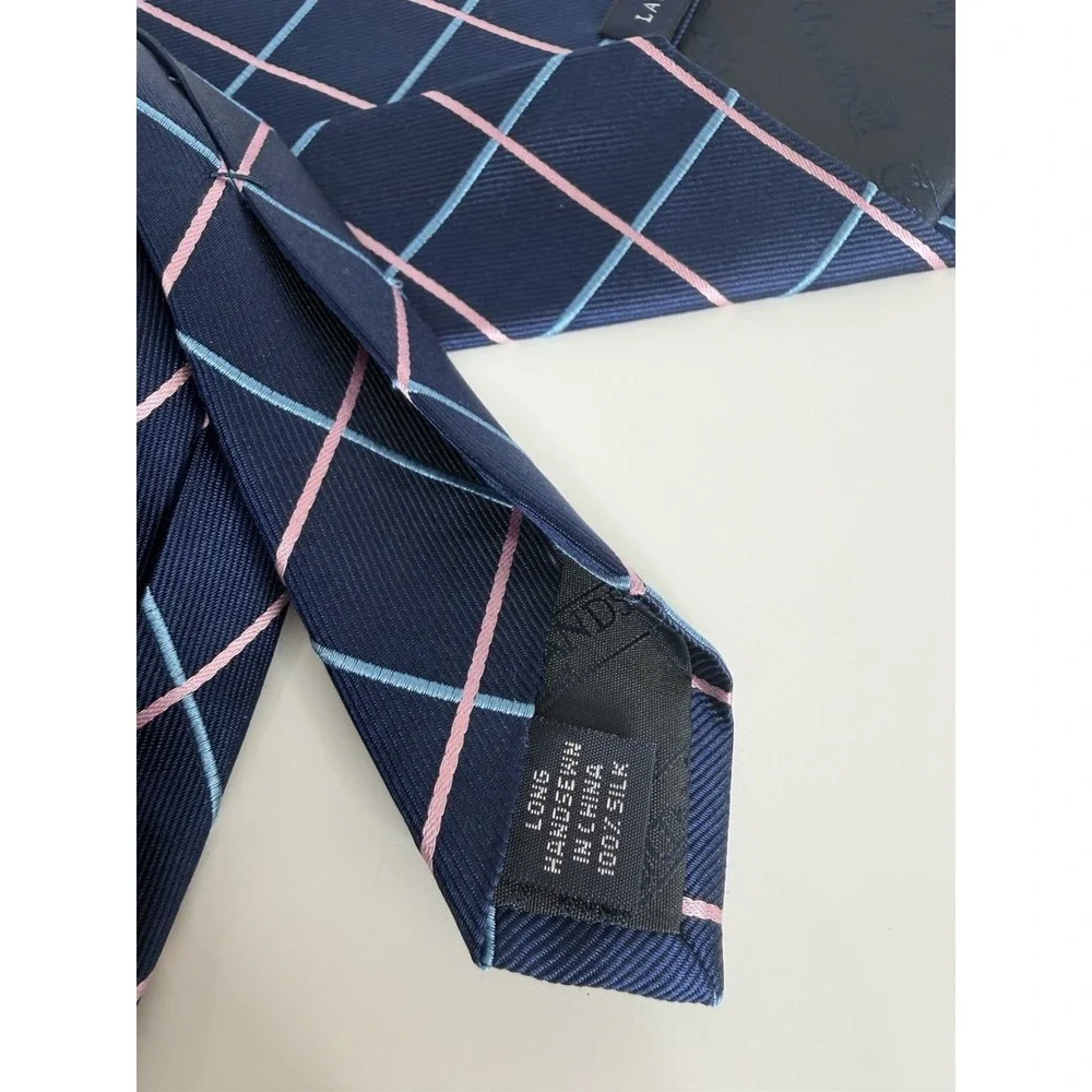 Lands End Men's Silk Necktie Navy Plaid 3 1/2